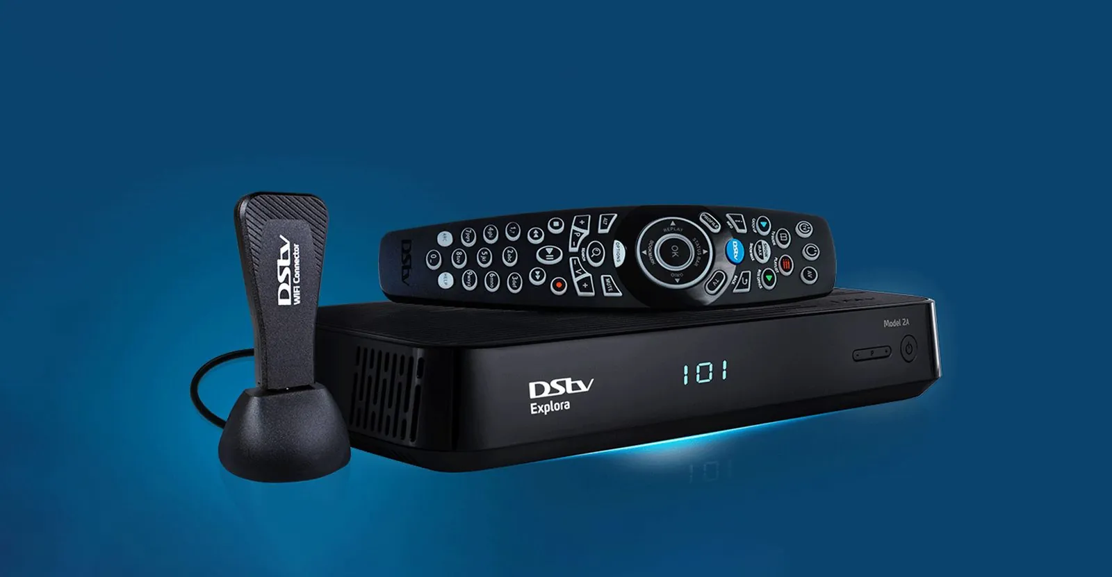 DStv Explora decoder with remote and DStv Wi-Fi connector